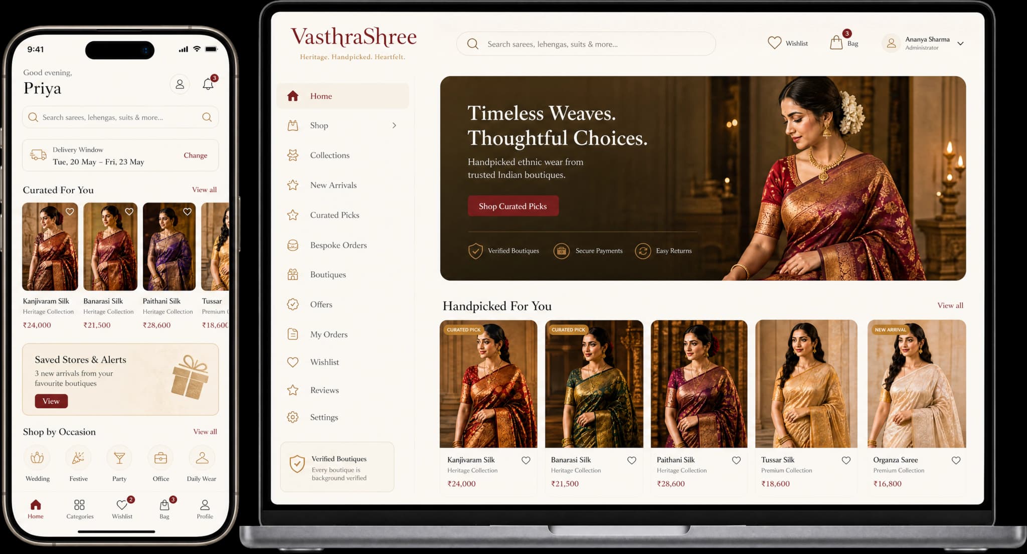 VasthraShree marketplace shown across mobile and desktop in a single combined mockup