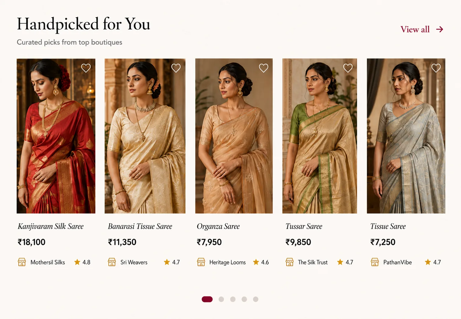Handpicked for You — product cards with sarees, prices, store ratings, and carousel