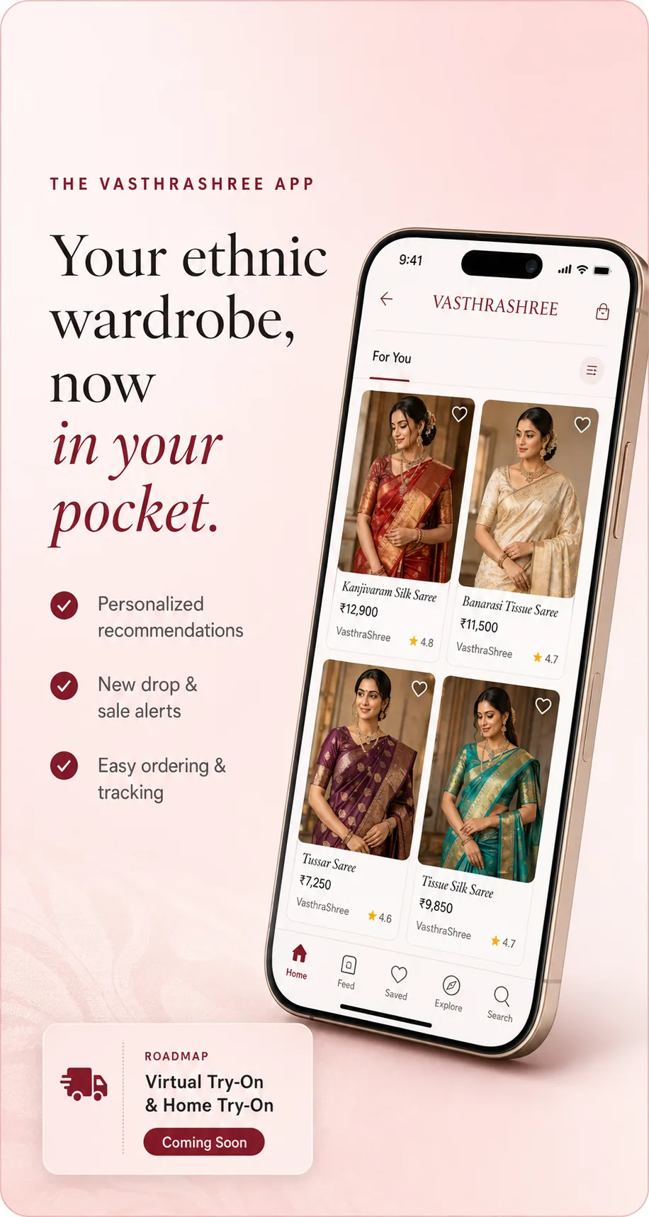 The VasthraShree App — your ethnic wardrobe in your pocket, with phone mockup and Coming Soon badge